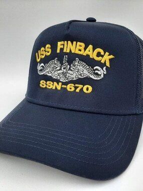 USS Finback SSN-670 Mesh Snapback Cap Hat Navy Blue Boat Submarine Embroidered